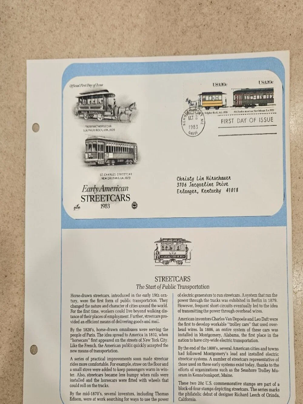 RARE COLLECTIBLE USPS 1ST DAY ISSUE COVER EARLY AMERICAN STREETCARS STAMP FDC 2
